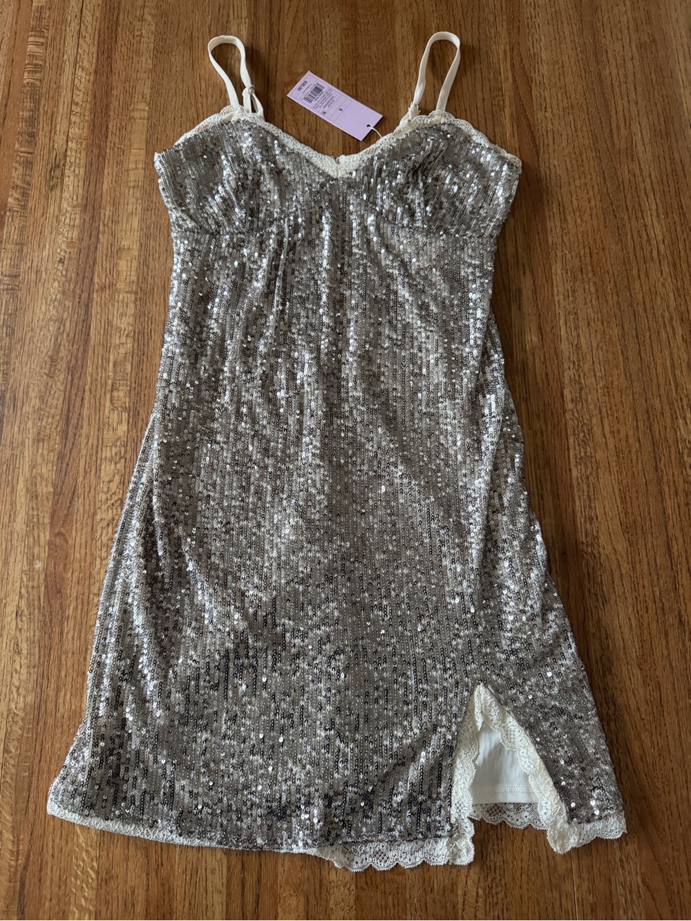 Wild Fable Silver Sequin Mini Dress with Lace Trim NWT Size Small